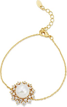 Savvy Cie Jewels GOLD PLATED OVER BRASS SHELL PEARL AND WHITE CZ BRACELET