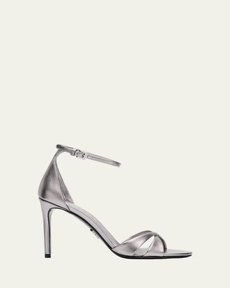 Prada 95mm Vernice Saffiano Metallic Leather Ankle-Strap Sandals