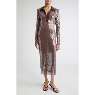 Monse Long Sleeve Sequin Mesh Midi Polo Dress in Brown at Nordstrom, Size Large