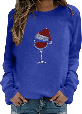 Generic Rhinestone Red Wine Glass Christmas Jumpers for Women UK Casual Xmas Sparkly Womens Sweatshirts Long Sleeve Christmas Ugly Sweater Tops Workout Holida