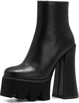 Generic Womens Round Toe Combat Boots Chunky High Heel Platform Short Boot PU Leather Ankle Boots with Side Zipper,Black1,4.5 UK