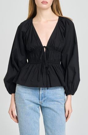 Wayf Jess Drawstring Stretch Cotton Poplin Top in Black at Nordstrom, Size X-Small