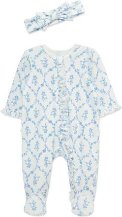 Little Me Trellis Rose Ruffle Cotton Footie & Headband Set in Blue at Nordstrom, Size Newborn