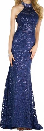 Alyce Paris Sequin Halter Laced Gown In Navy