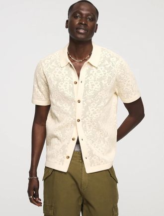 Lucky Brand Mens Intarsia Lace Button Down Sweater