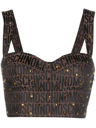 Moschino logo-print crystal-embellished top - women - Cotton/Polyester/Viscose - 38 - Brown