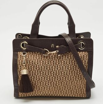 Aigner Brown/beige Signature Canvas And Leather Cavallina Tote
