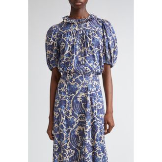 Ulla Johnson Amari Floral Cotton Button-Up Shirt in Ocean at Nordstrom Rack, Size 10