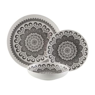 VERSA Versa Vajilla Porcelana 18 Piezas Huhana, Vajilla Huhana De 18 Piezas, Un Servicio De Mesa Elegante Y Funcional Que Combina Dise&ntilde;o &Eacute;tnico En Blanco Y 