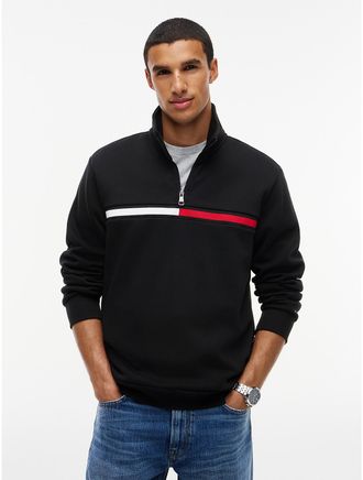 Tommy Hilfiger Mens Flag Stripe Logo Quarter-Zip Sweatshirt - Black - XXXL