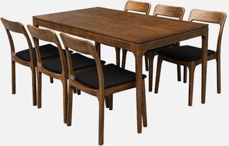 Sweeek Tavolo da pranzo rettangolare in legno di gomma e impiallacciatura di frassino 160 cm, 6 sedie