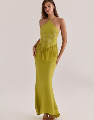 House of CB Sareena - Vestito lungo in raso color lime neon decorato con frange-Verde