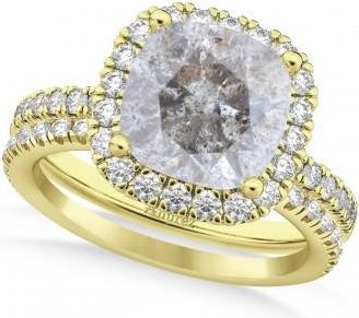 Allurez Salt & Pepper & White Diamonds Cushion-Cut Halo Bridal Set 14K Yellow Gold (2.82ct)