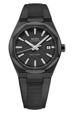 Mido Multifort 8 One Crown Automatic Rubber Strap Watch, 40mm in Black at Nordstrom