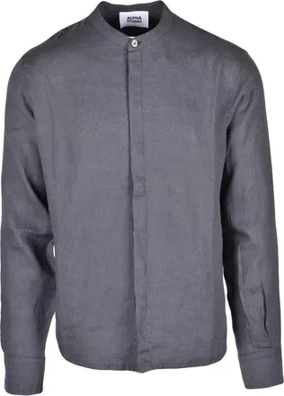 Alpha Studio Grey Linen Mandarin Collar Shirt