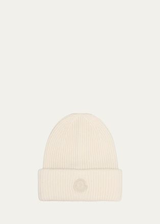 Moncler Mens Cashmere Ribbed Leather-Label Beanie Hat