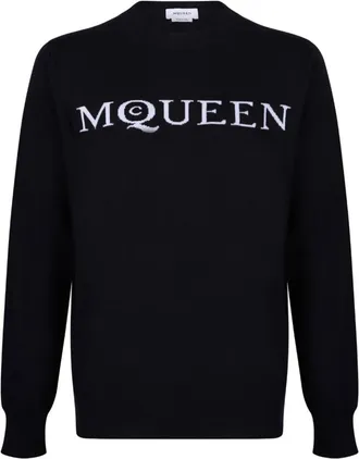 Alexander McQueen Intarsia-Gebreide Logo Trui - Heren - Ronde hals truien - Blauw - XL - Wol - Truien & Vesten
