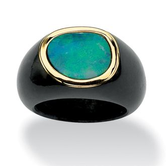 Palm Beach Jewelry 3.01 carats TCW Genuine Blue Opal and Black Jade 10k Yellow Gold Bezel-Set Ring