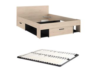Vente-Unique Cama 140 x 190/200 cm con almacenamiento - Color: Natural y negro + Somier - KINSELIA