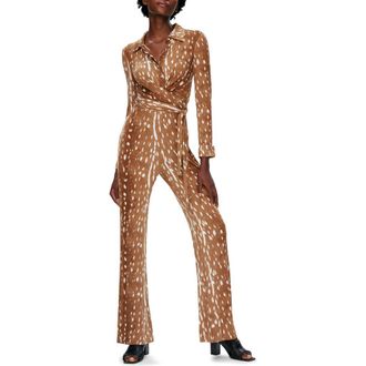 Diane Von F&uuml;rstenberg Michele Fawn Print Long Sleeve Jumpsuit in Fawn Neatural at Nordstrom Rack, Size X-Small