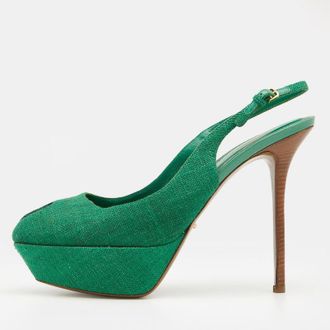 Sergio Rossi Green Canvas Platform Peep Toe Ankle Strap Sandals