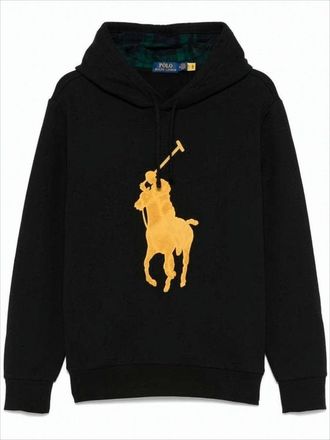 Polo Ralph Lauren Black Hoodie With Bold Yellow Polo Graphic And Plaid Lining