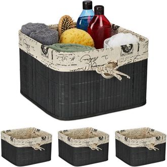 Relaxdays Set of 2 Storage Baskets, Bamboo & Polyester, 20 x 31 x 31 cm, with Handle Hole, Fabric Lining, Black/Cream - Relaxdays