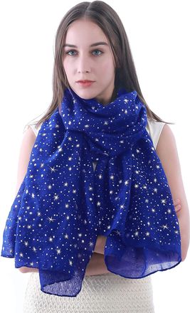 Lina & Lily Sparkle Foil Star Print Womens Scarf Shawl Wrap, Shimmer Silver Gold Glitter Lightweight Gift Party (Royal Blue-Silver Stars)