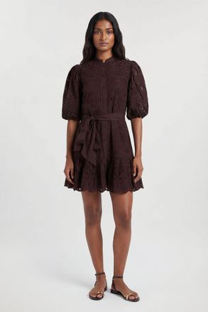 Karen Millen Womens Scalloped Hem Broderie Mini Shirt Dress - Chocolate Cotton - Size 18 UK