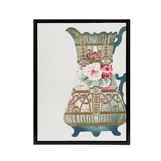 Artery8 Design For Ewer Vintage Floral Framed Canvas Wall Art Print Noritake in Blue | Size: W24 x H32