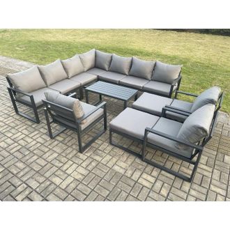 Fimous Fimous Aluminium Outdoor Garden Furniture Set Lounge Corner Sofa 3 Pcs Chair Oblong Coffee Table Sets with 2 Big Footstools Dark Grey
