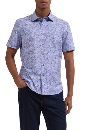 Bugatchi Miles OoohCotton Tropical Palm Print Short Sleeve Button-Up Shirt in Orchid at Nordstrom, Size Xx-Large