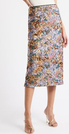 Elie Tahari The Adrianne Sequin Midi Skirt in Abstract Floral Sequin at Nordstrom, Size 14