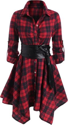 Generic Womens Collar Red Checkered Gothic Punk Y2k Waist Cinching Dress with Belt Design Irregular Hem Plaid Dress Red Plaid L