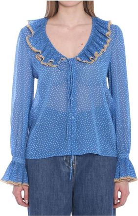 Valentino Garavani Polka Dot Ruffle Neck Blouse - Dames - Blouses - Blauw - XS - Overhemden