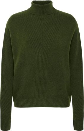 Ichi Groene Gebreide Trui met Rolhals - Dames - Coltruien - Groen - XS - Wol - Truien & Vesten