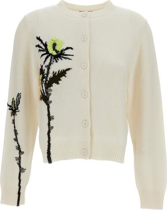 Barrie White/Multicolor Thistle Motif Cashmere Cardigan