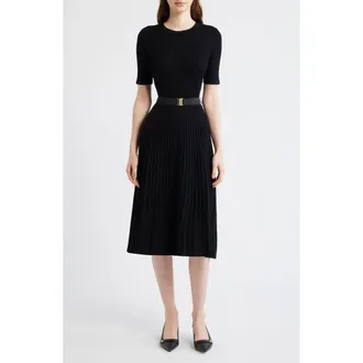 Eliza J Belted Fit & Flare Sweater Dress in Black at Nordstrom, Size Xx-Large