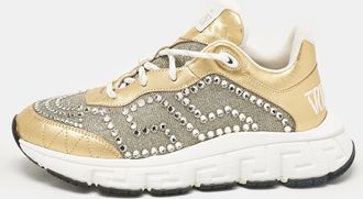 Versace Gold Glitter And Leather Trigreca Lace Up Sneakers