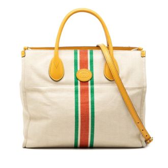 Gucci White Yellow Canvas Leather Shoulder Bag Tote Bag (Pre-Owned)