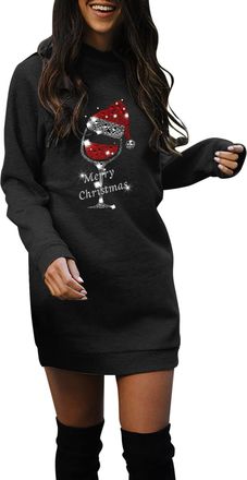 Generic Womens Christmas Sweatshirt Dress Knee Length Tops Long Sleeve Jumper Dress Holiday Funny Cute Sweatshirt Xmas Print Slim Crew Neck Graphic Jumpers Pu