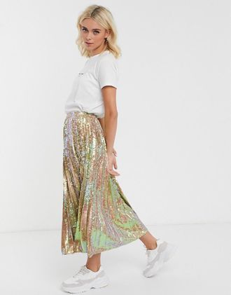 Asos sequin pleated midi skirt-Gold