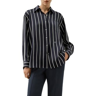 LilySilk Silk Twill Striped Button-Down Shirt in Navy&white Stripe at Nordstrom, Size X-Small