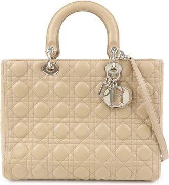 Dior Lady Dior Cannage Quilt Lambskin Beige Leather Handbag (Pre-Owned)