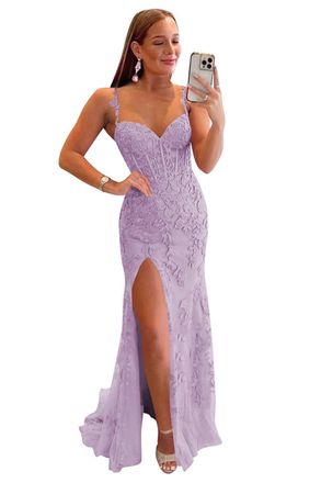 Generic Tulle Lace Applique Prom Gown Spaghetti Strap Mermaid Evening Dresses Long Backless Party Dress with Split for Women