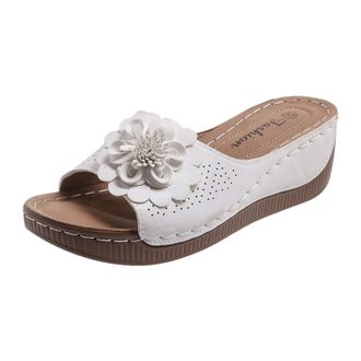 Generic Womens 3D Floral Platform Slide Sandals Chunky Heel Open Toe Slippers with Comfortable Non Slip Brown Sole for Casual Outing, Commute, Summer Beach Ho