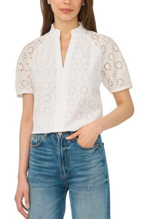 CeCe by Cynthia Steffe Broderie Anglaise Ruffle Spilt Neck Top in Ultra White at Nordstrom, Size Xx-Large