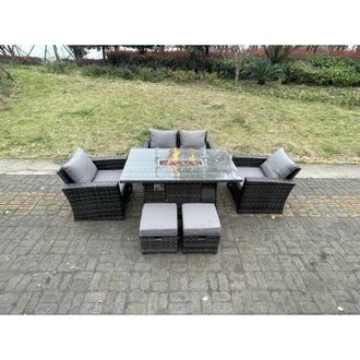Fimous Rattan Outdoor Furniture Gas Fire Pit Rectangle Dining Table Gas Heater Chairs Two Seater Love Sofa Sets Footstools 6 Seater - Fimous