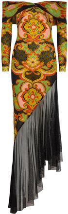 Etro Floral Print Tulle Asymmetric Mesh Maxi Dress - Black - 42 (UK10 / S)