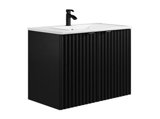 Vente-Unique Mueble de ba&ntilde;o flotante estriado con lavabo empotrado - Negro - Ancho 80 cm - ZILGA